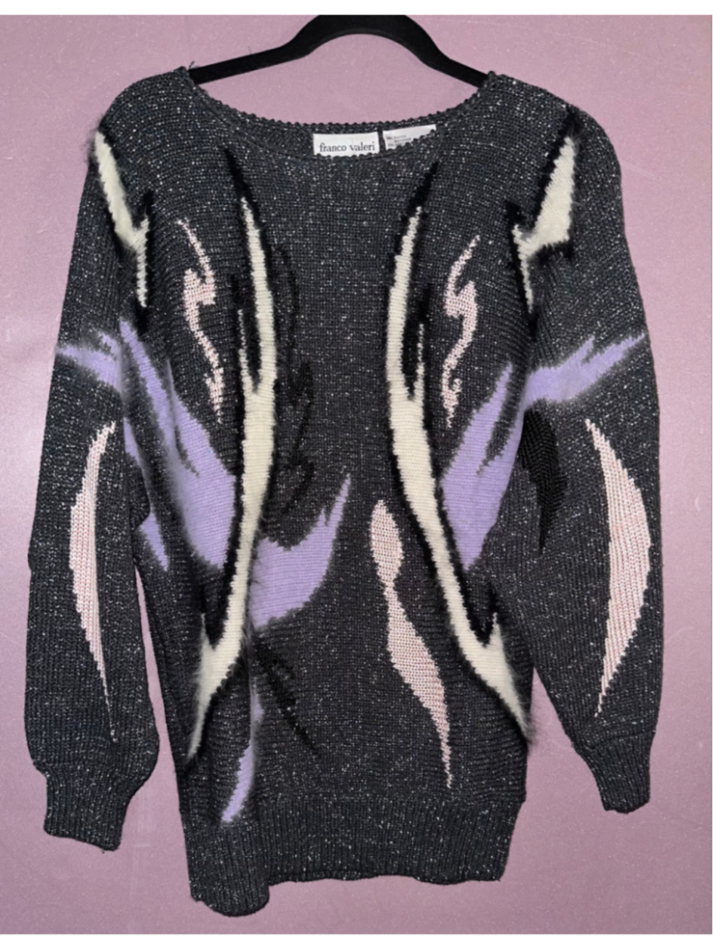 Women's Franco Valeri Sweater Small Grey Purple Crew Neck Long Sleeve - Vintage